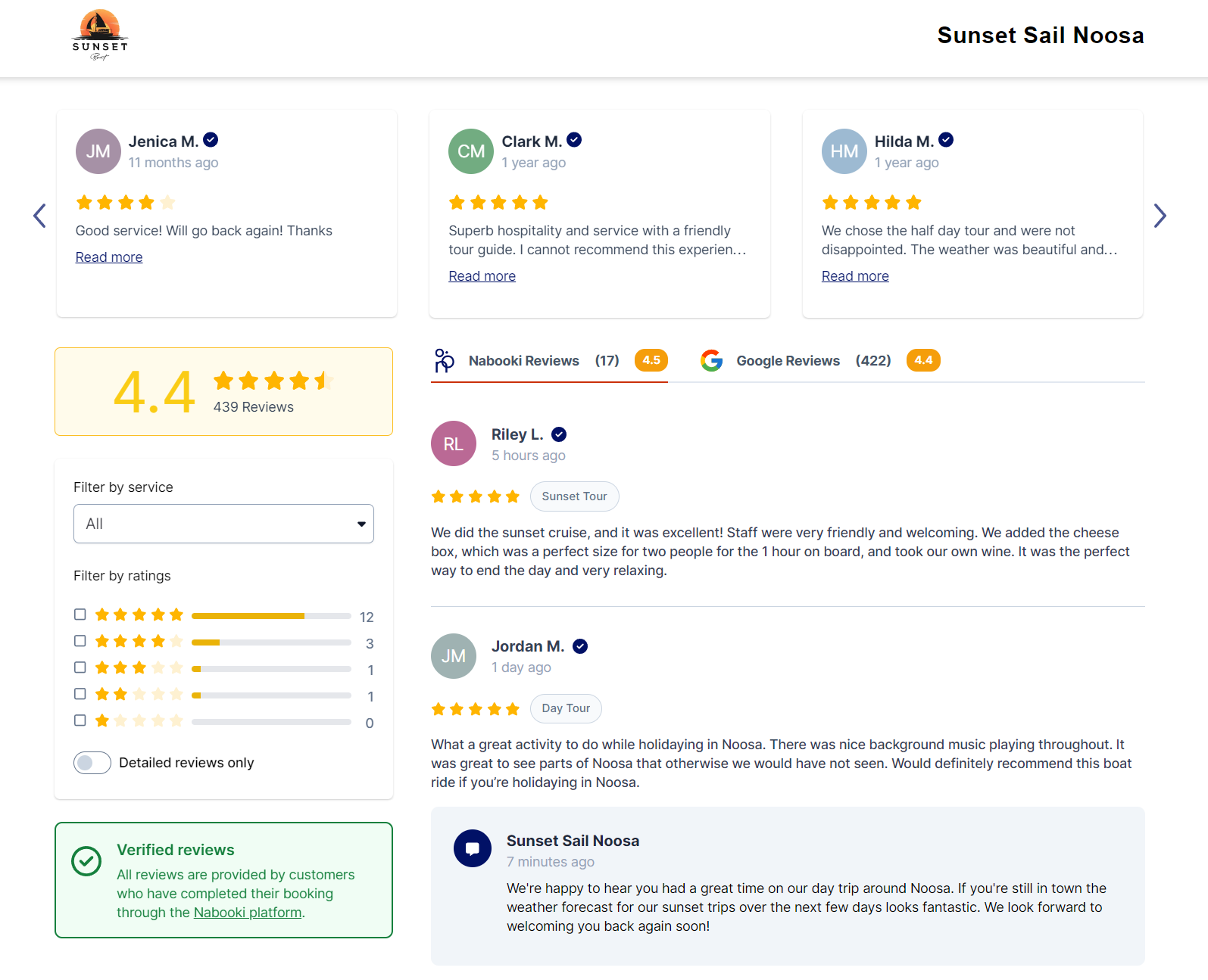 Nabooki's customer reviews widget combines verified and Google reviews