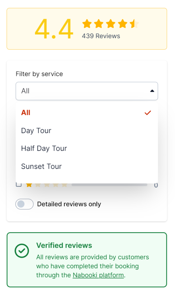 Nabooki's customer review widget with the ability to filter by service