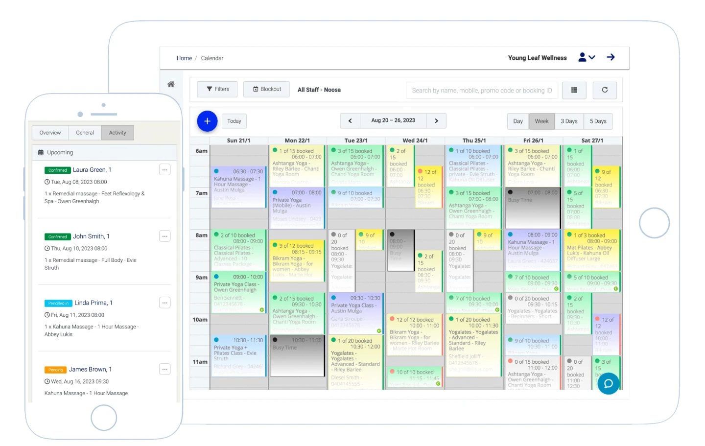 Nabooki booking system calendar and upcoming bookings screenshots on mobile devices