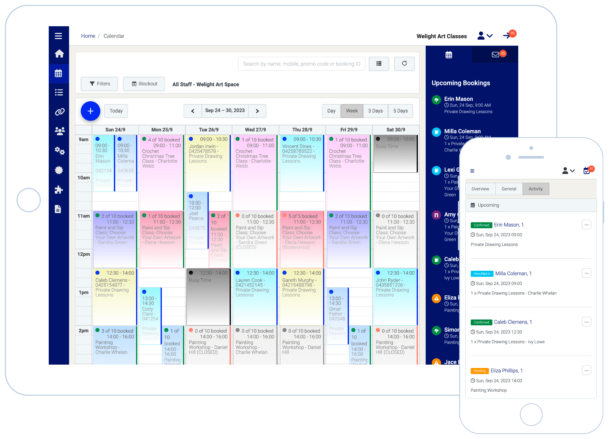 Nabooki booking system calendar and upcoming bookings screenshots on mobile devices