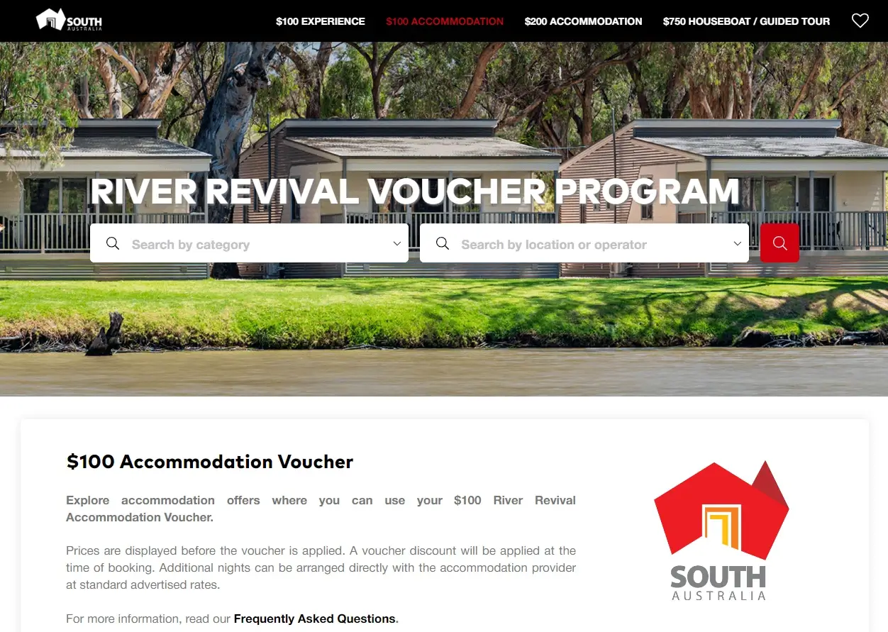 Screenshot of South Australia's River Revival Voucher Program marketplace homepage, showcasing the $100 disaster recovery voucher for accommodation.