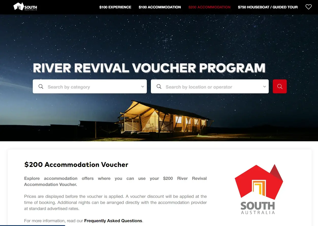 Preview of South Australia's River Revival Program's marketplace portal, featuring a disaster recovery voucher of $200 for accommodation