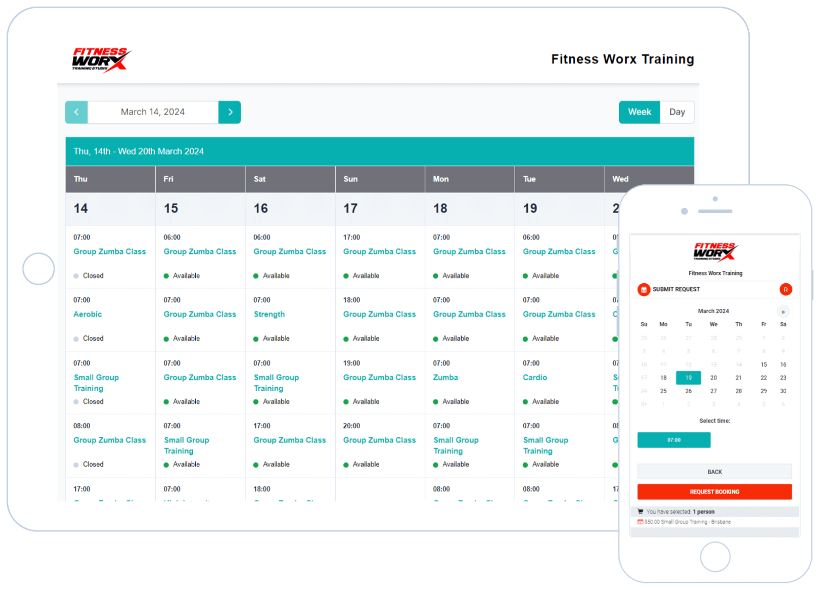 Timetable booking widget for sports and fitness classes